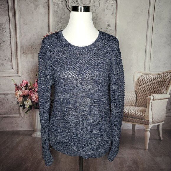 Ann Taylor Gray Blue Round Neck Long Sleeve Zipper Sides Knit Sweater Size Small - Picture 4 of 10